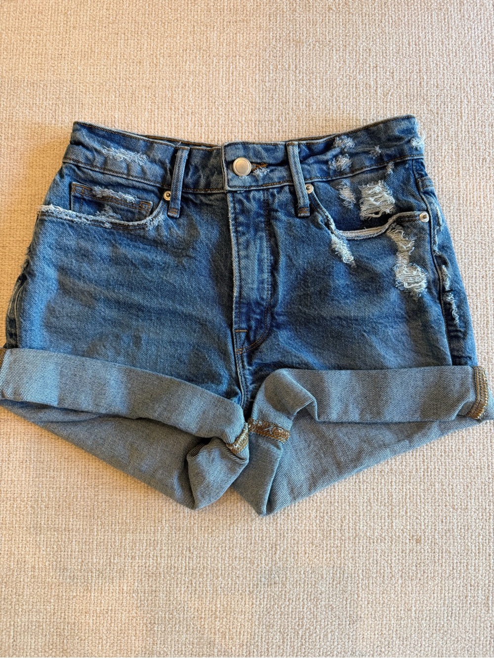 Good American Denim Rolled Cuff Distressed Women's Shorts - Blue